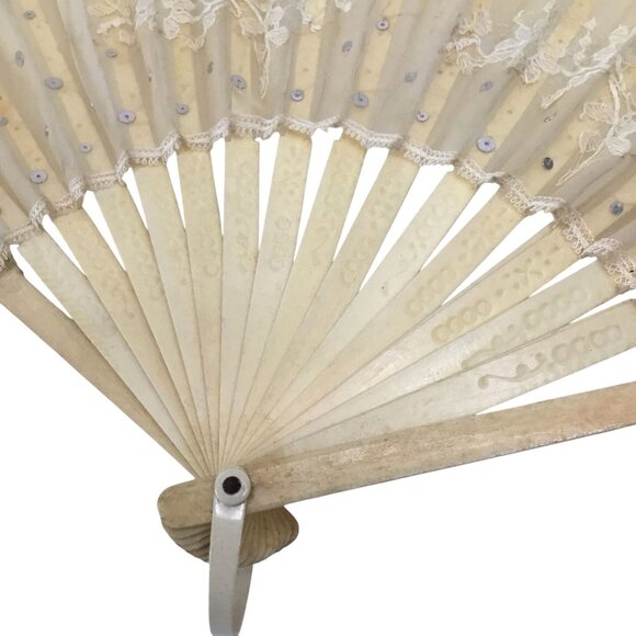 ANTIQUE Women Lace Folding Fan Sequins Embroidered Tulle Wooden Frame Repairable - Picture 6 of 11